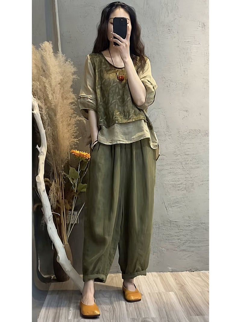2238 # Fashionable Cotton And Linen Suit For Women 2023 Style Printed Splicing Top Harem Pants Slimming Look Two-Piece Set - Image 2